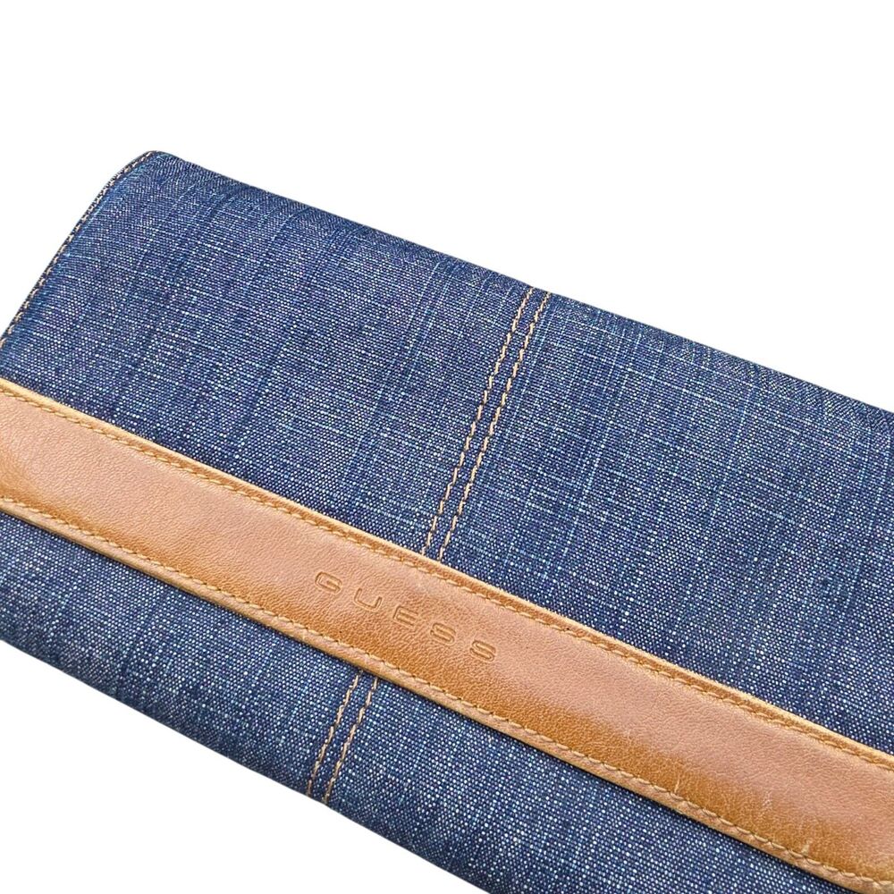Guess Y2K Denim Trifold Wallet with Tan Leather Trim Blue Jean Clutch - Picture 5 of 8
